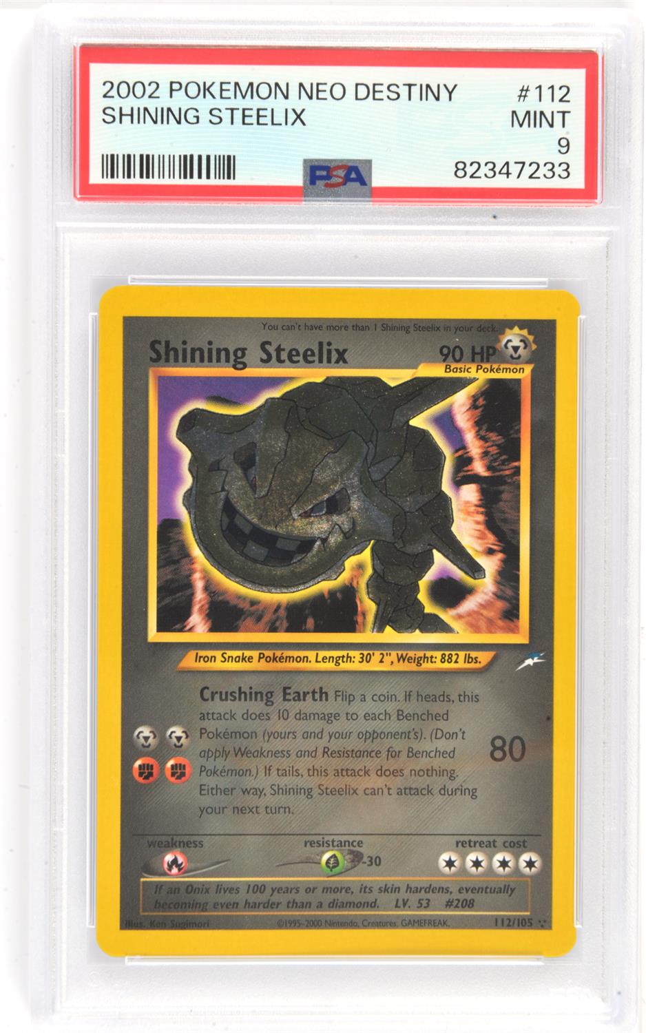 Pokemon TCG. Shining Steelix 112/105 from Neo Destiny. Graded PSA 9 Mint.