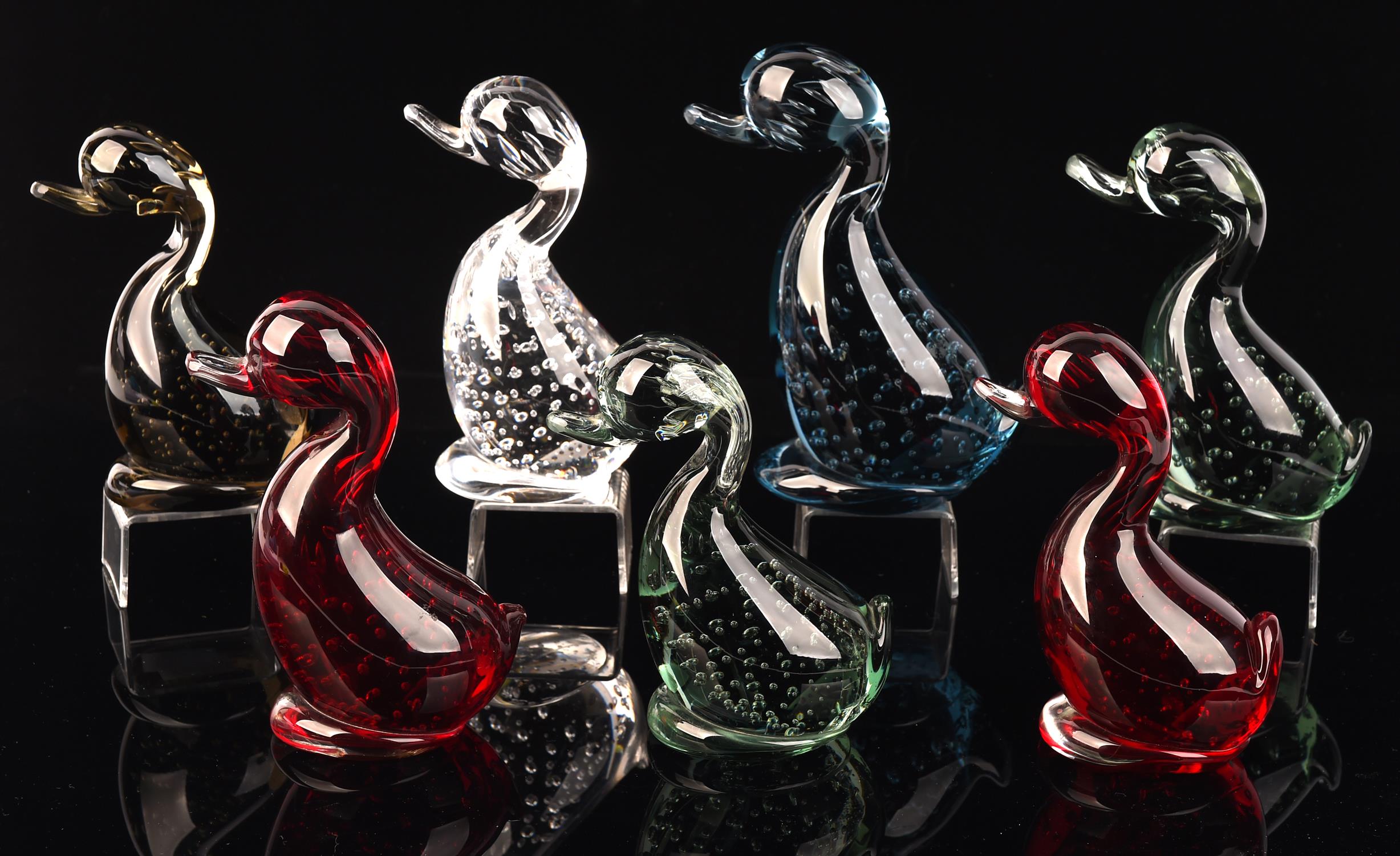 Whitefriars, seven Dilly ducks, various colours, two ruby, indigo, sage green, willow or pewter and