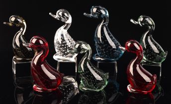 Whitefriars, seven Dilly ducks, various colours, two ruby, indigo, sage green, willow or pewter and