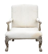 Andrew Martin, throne chair, silver wood with white horse upholstery, 109cm high x 83cm wide x 86cm