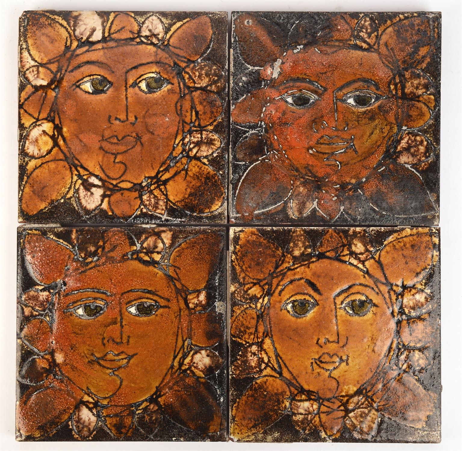 Joyce Morgan for the Chelsea pottery, four tiles, Sun face, tiles stamped Richards, 15.3 x 15.