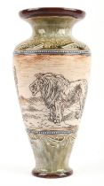 Hannah Bolton Barlow, (British, 1851-1916) for Doulton, a vase decorated with lions,