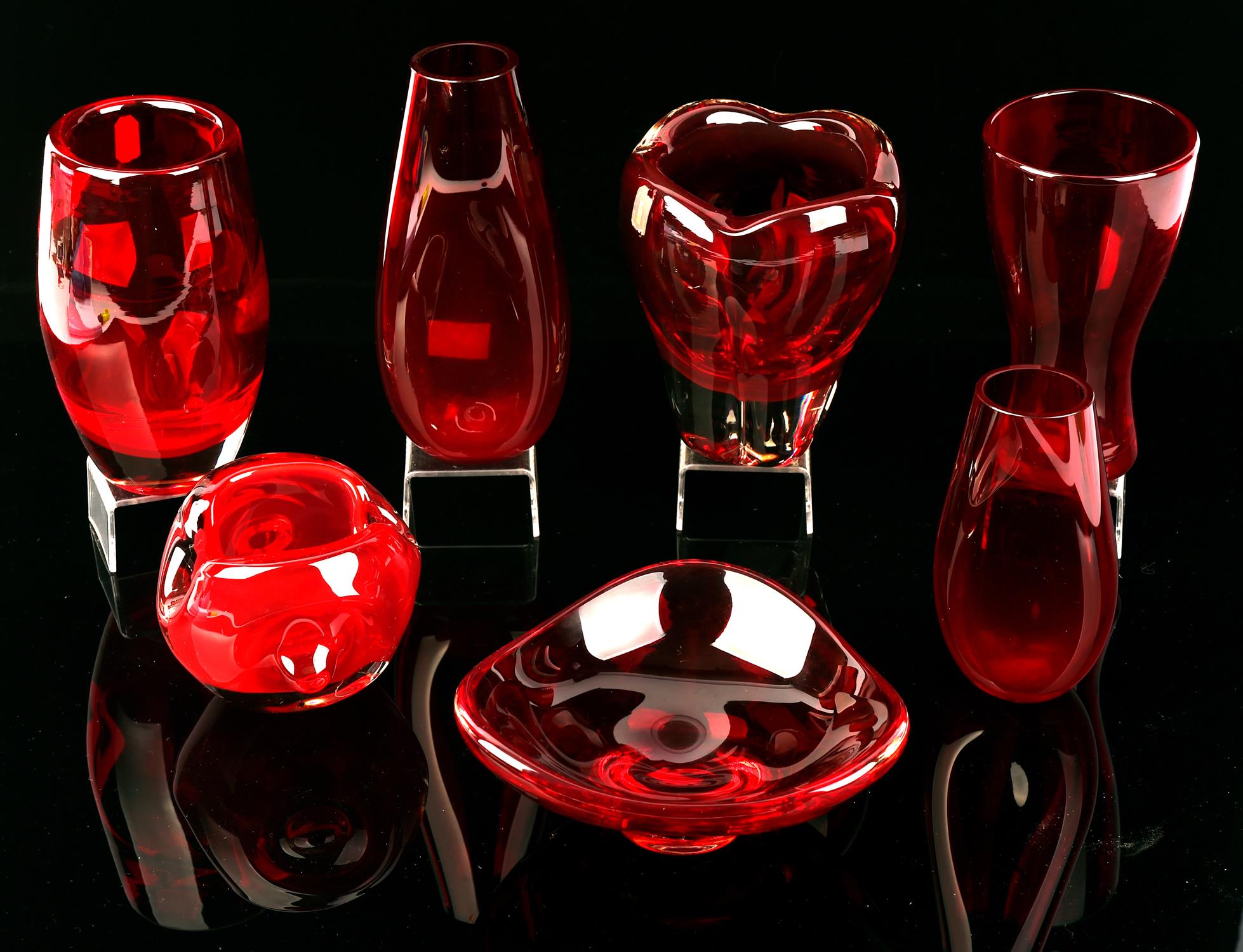 William Wilson for Whitefriars, a Molar vase, in ruby glass, pattern no. 9410, remains of a label,