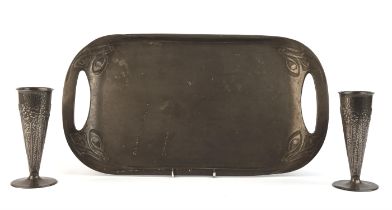 Archibald Knox for Liberty, a pewter tray, model no. 0309, marks to base, 45.5 x 25cm,
