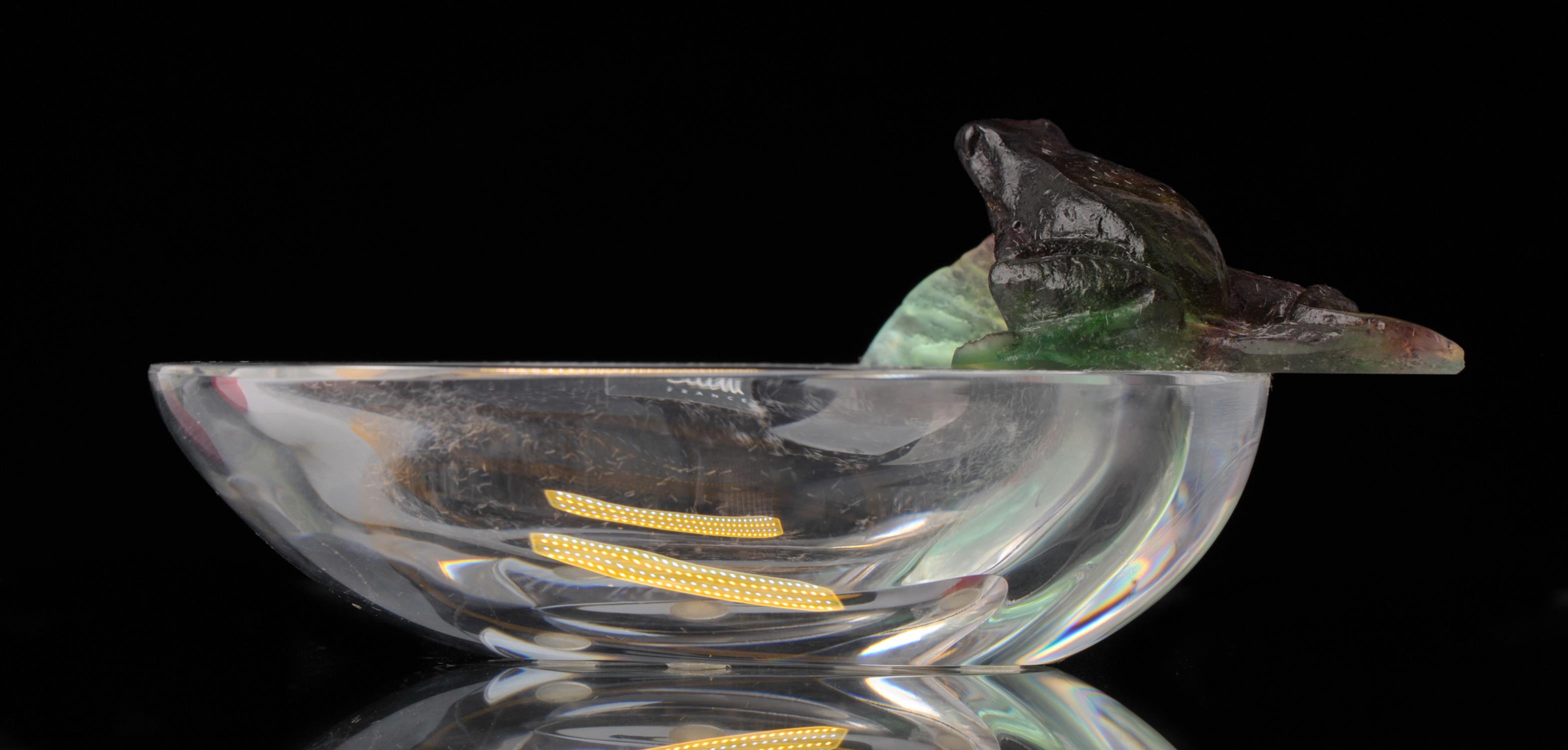 Daum France, Squirrel, Swan, Ring dish with Frog, Lily pad dish with frog, pate de verre and clear - Image 5 of 5