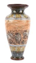 Hannah Bolton Barlow, (British, 1851-1916) for Doulton, a vase decorated with sheep,