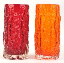 Geoffrey Baxter (British, 1922-1995) for Whitefriars, Two bark vases, in tangerine and ruby