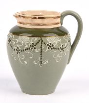 James MacIntyre and Co Ltd, Gesso Faience jug, decorated with a band of foliage on green ground,