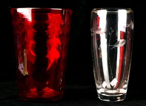 Marriott Powell for Whitefriars, an optic wave bucket vase, pattern 8463, in ruby glass, 25.