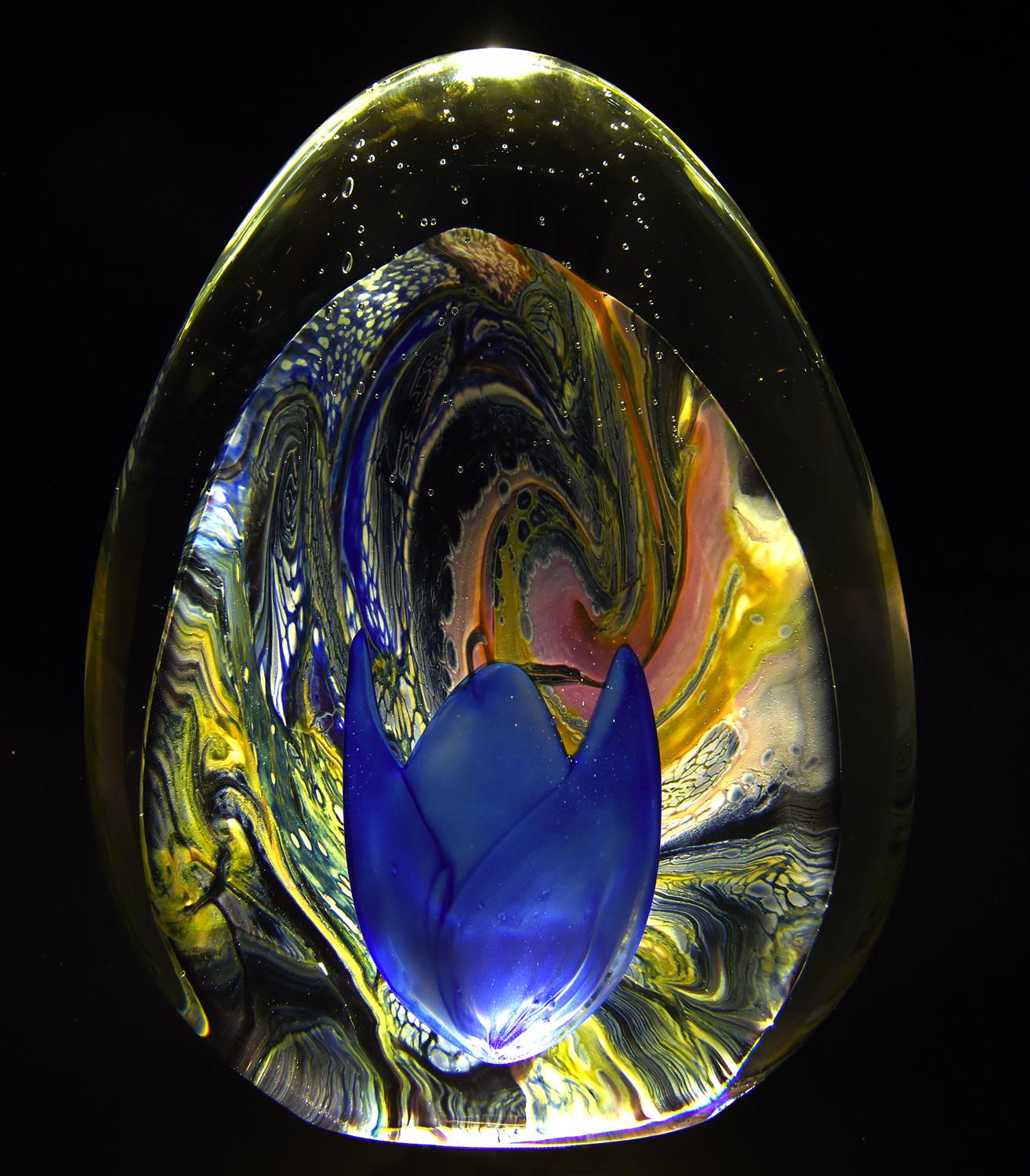 B F Signoretti, Murano, Italian glass ovoid sculpture, with blue flower against a multicoloured