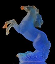 Daum, France, Rearing horse, blue pate de verre, in box, 16.5cm high