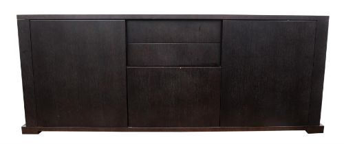 Unknown designer, sideboard, three central drawers flanked by cupboards with glass shelves,