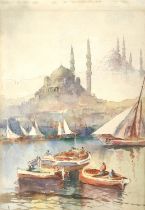 Josef Paulikevitch (20th century), Boats in a harbour before a mosque, watercolour,