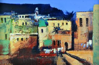 African School (20th century), Tropical Street scene, possibly North Africa, acrylic on canvas,