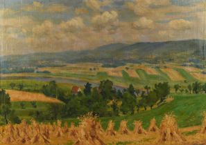 Paul Schlechter (20th century), An extensive river landscape with corn stooks, oil on canvas,