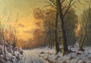 Continental School (20th century), A winter woodland scene at sunset, oil on canvas,