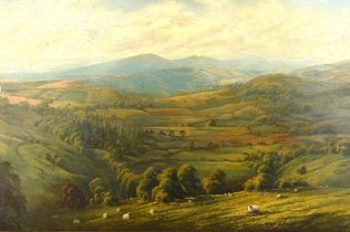 Olga Aggio (20th century), Extensive landscape of Perthshire with sheep, oil on canvas,