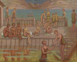 British School (20th century), Bathers, Lake Lugano, oil on canvas, inscribed on stretcher,