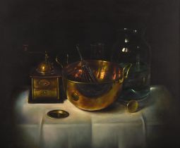 Paksi Gyula (Hungarian 20th century), Still life of glass and brass utensils, oil on canvas,