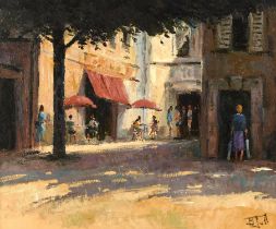 Brian Jull (British b.1949), French street scene, oil on board, signed lower right, 49 x 59.5cm.