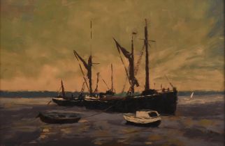 Stanley Miller (20th century), Thames Barges, Pin Mill, oil on board, signed lower left, 34 x 51cm.