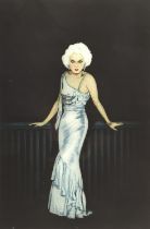 Frank Martin (1921-2005), Jean Harlow in a satin gown, etching in colour, signed lower right,