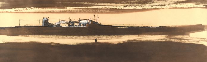 British School (20th century), Landscape with colliery, monochrome watercolour, indistinctly signed