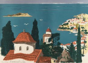 Paul Hogarth (British, 1917-2001), Skiathos; The Harbour of Naousa, a pair of colour lithographs,