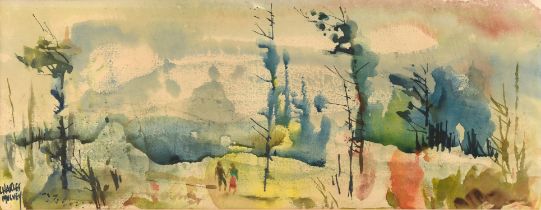 Charles Mulvey (1918-2002), Wooded scene with figures, watercolour, signed lower left, 21.5 x 57cm.