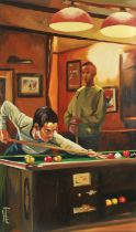 § John Luce Locket (British 1952 - 2014), Snooker players, acrylic on canvas, signed lower left,