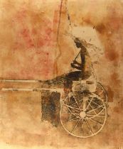 Renate Roger? (20th century), Woman in a rickshaw, colour lithograph, signed lower left,