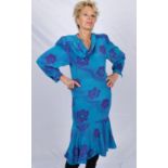 ZANDRA RHODES turquoise and purple silk dress with petticoat and sash c1985 Size UK10