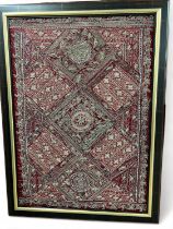 Large framed section(s) of an elaborate antique wine red silk and silver-filigree Thai ceremonial