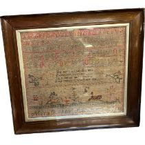 Framed and glazed antique early Victorian needlework alphabet sampler with animals and birds by