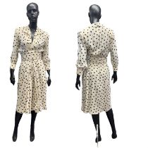 YVES SAINT LAURENT (Rive Gauche) ivory and black silk polka dot 1940s style dress with shoulder