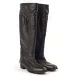 GUCCI very dark olive green/grey ladies knee high vintage 1980s leather boots with gold tone logo