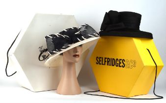Ladies occasion hat from SELFRIDGES in original box, black WHITELY designer hat with gold tone and