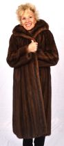 ADDENDUM LOT - Quality dark honey-coloured real mink fur coat. Bespoke-made with coffee satin