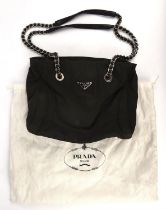 PRADA Tessuto Catena Tote nylon city handbag with silver tone hardware and leather chain link strap