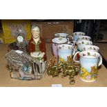Pair of Royal Albert bone china mugs, together with six Playtime teddy mugs, various brass animals,