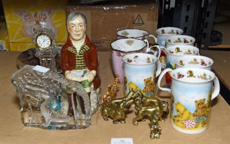 Pair of Royal Albert bone china mugs, together with six Playtime teddy mugs, various brass animals,