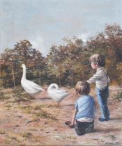 D. Nicholas St John Rosse (British b. 1945), Feeding the geese, oil on canvas, signed lower right,
