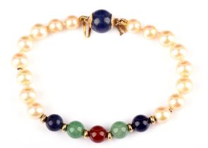 Pearl and gemstone bracelet, cream pearls individually knotted with sodalite, aventurine quartz,