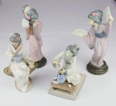 Lladro, two Geisha ladies, with fans, on stepped socles, together with two other Oriental figures