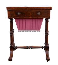 Victorian burr walnut combined sewing and games table, 1870s, the swivel fold-over top with a later