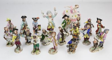 A nineteen piece Volkstedt porcelain monkey band orchestra, 2nd half 20th century,