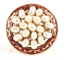 Pearl and enamel ring, with a cluster of seed pearls with a red enamel surround, in tested 14 ct,