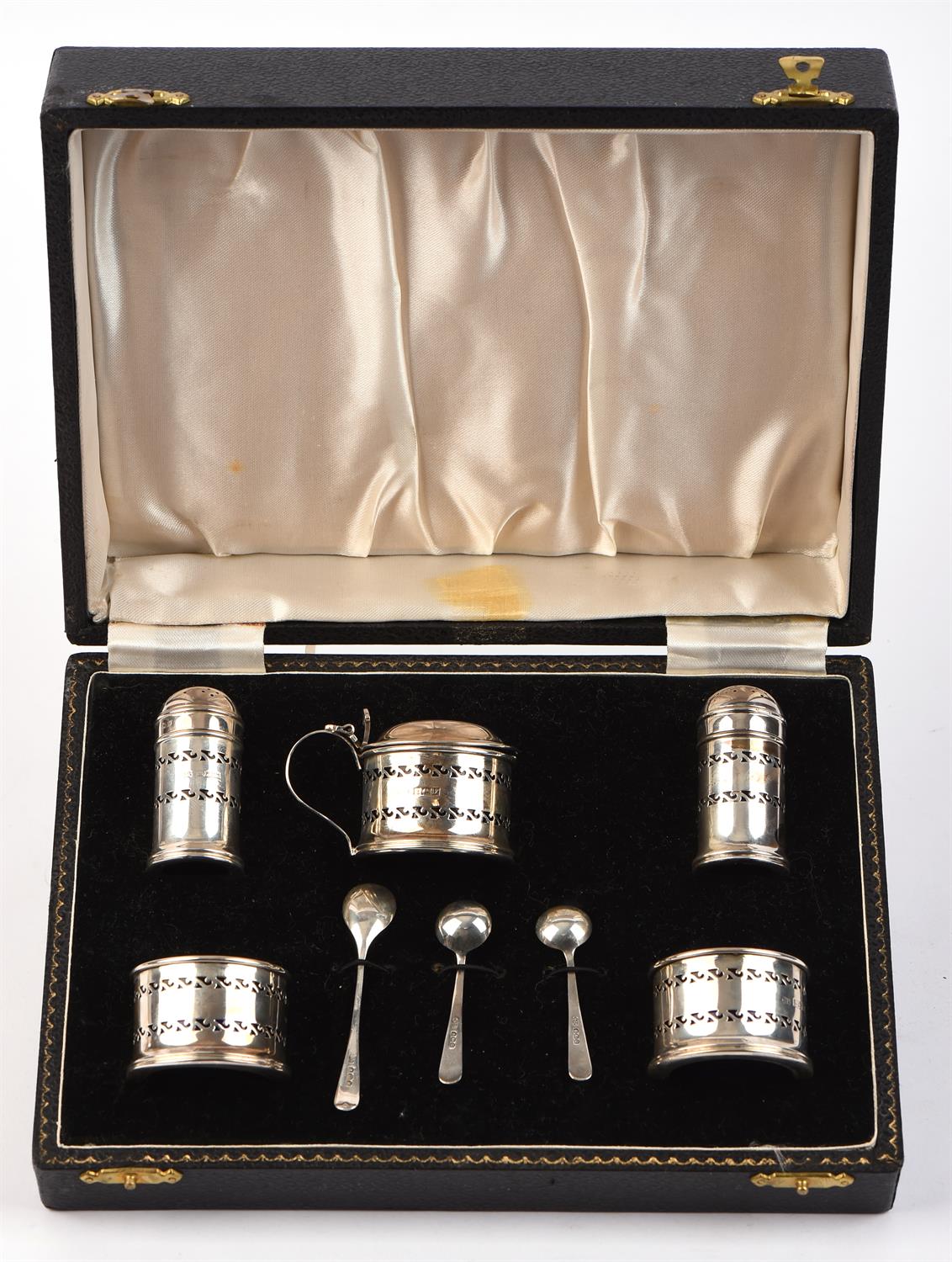 Cased 8 piece pierced silver cruet set with blue glass liners. - Image 2 of 2