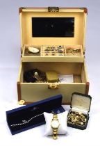 Jewellery box containing costume jewellery and silver items, including three silver ingot pendants,