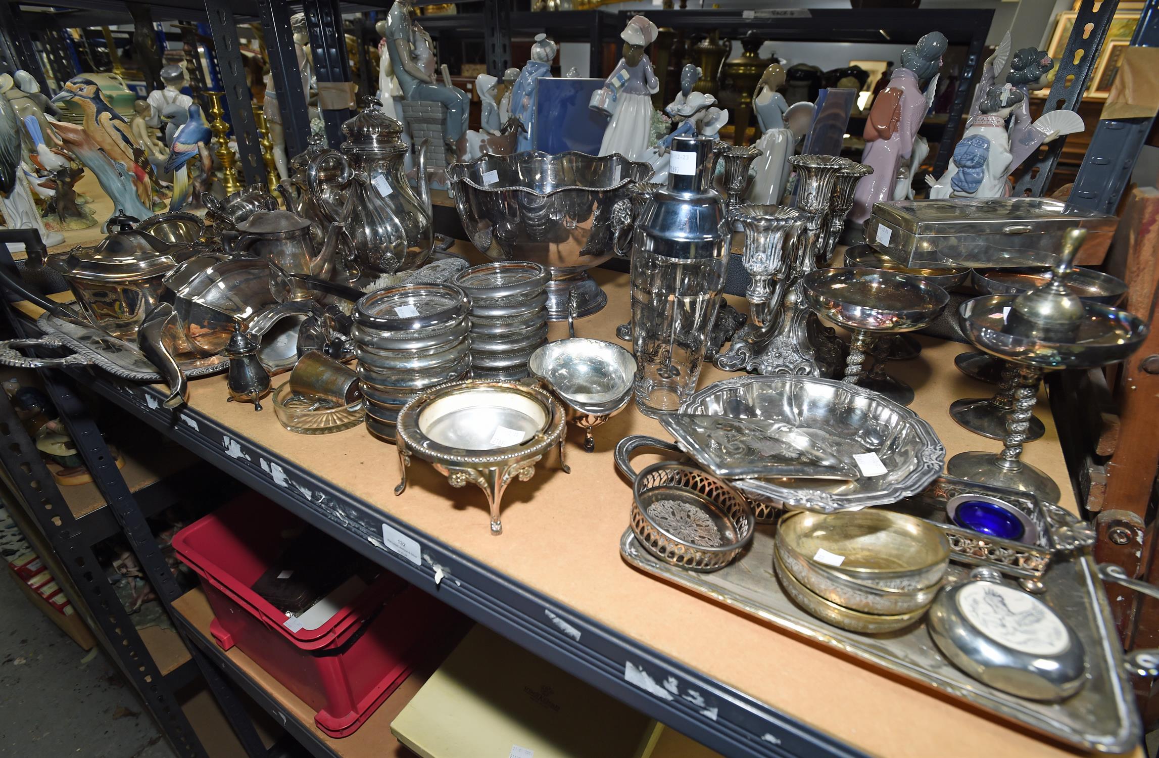 Quantity of silver plated wares to comprise a punch bowl, cocktail shaker, pair of three branch